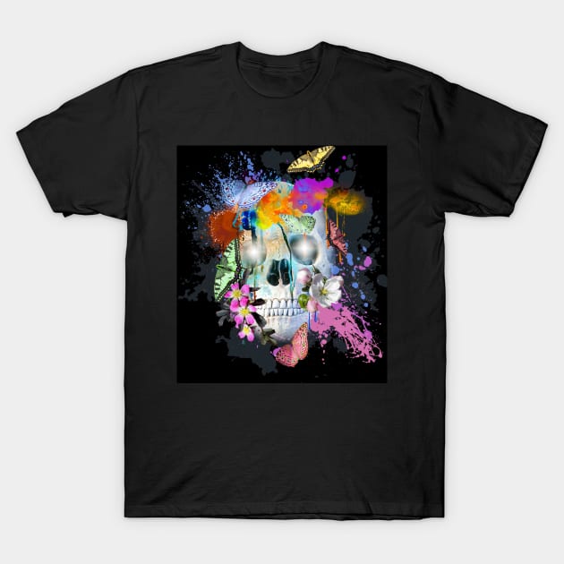 Skull Flowers And Butterfly, Rainbow Butterflies T-Shirt by Random Galaxy